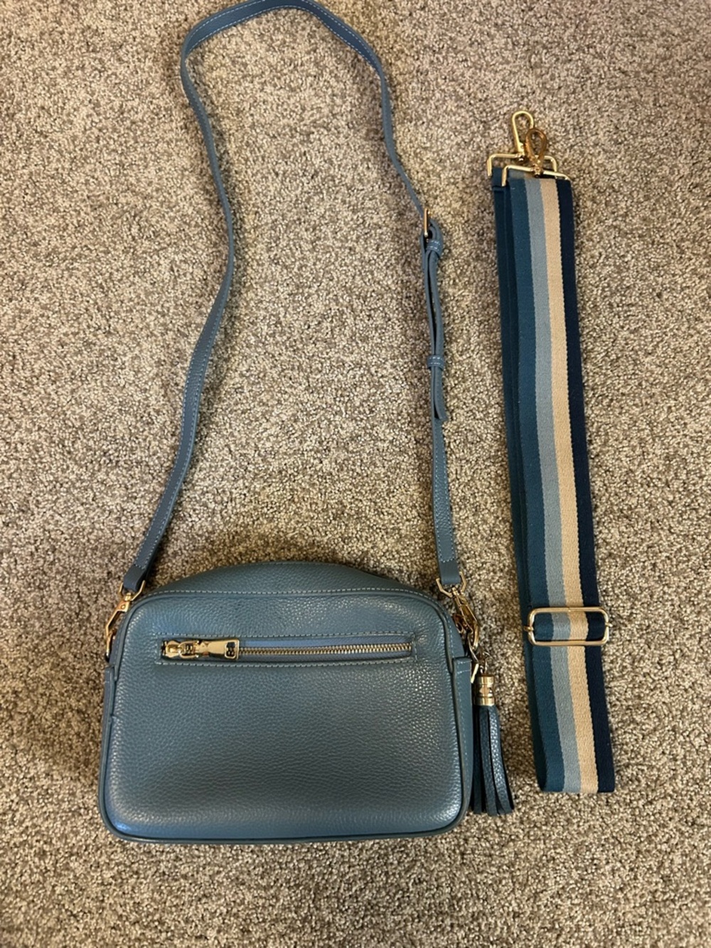 Pom Pom London Leather Crossbody Bag with Striped Strap and blue leather strap